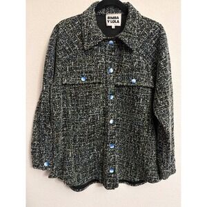 Bimba y Lola Black Blue Tweed Shacket Button Up Shirt Jacket Women's Small